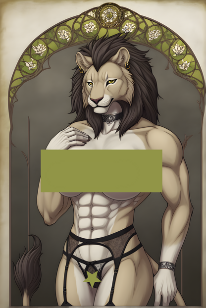 Okavango Maned Lioness Art Nouveau Poster Print