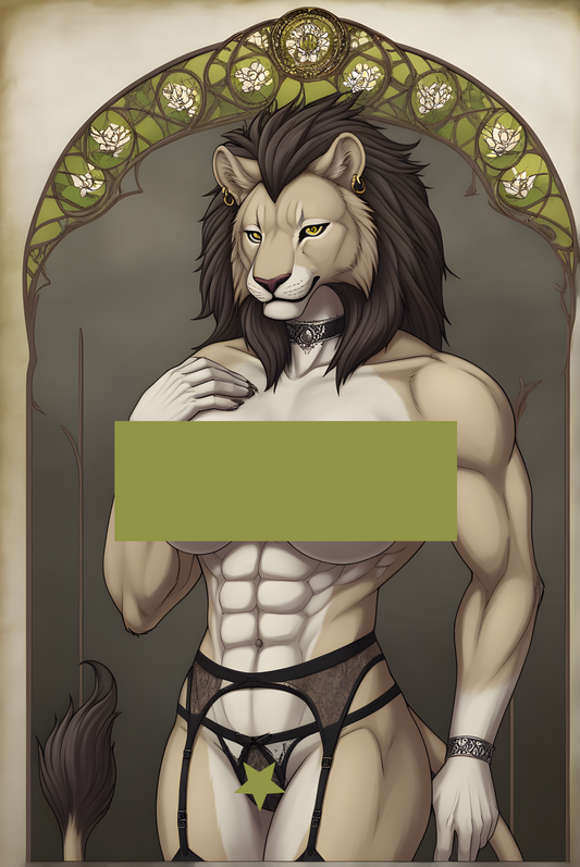Okavango Maned Lioness Art Nouveau Poster Print
